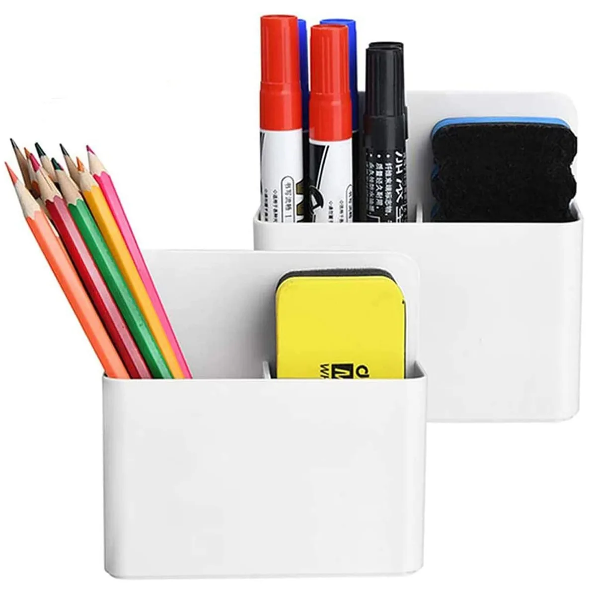 Two white galvanised plastic marker holders with magnetic backs and adjustable dividers