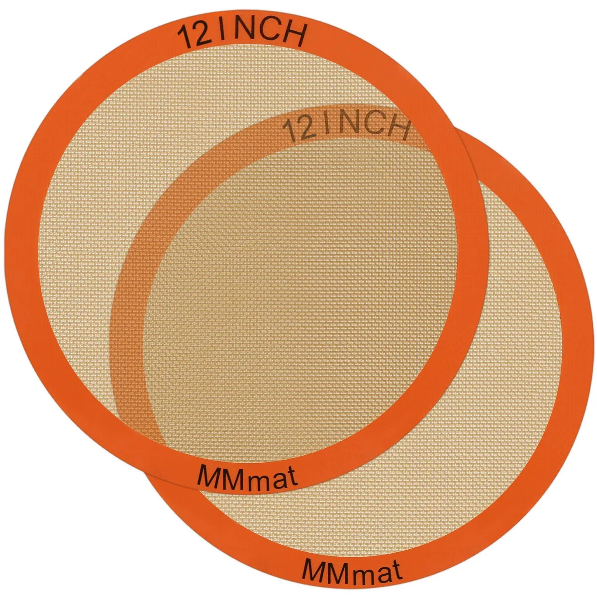 Two orange rectangular silicone baking mats lying flat, each 11.6 by 16.5 inches