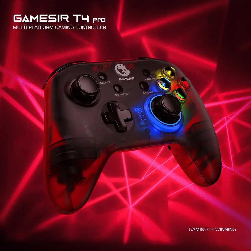 Black wireless gamepad with twin sticks, D-pad and face buttons