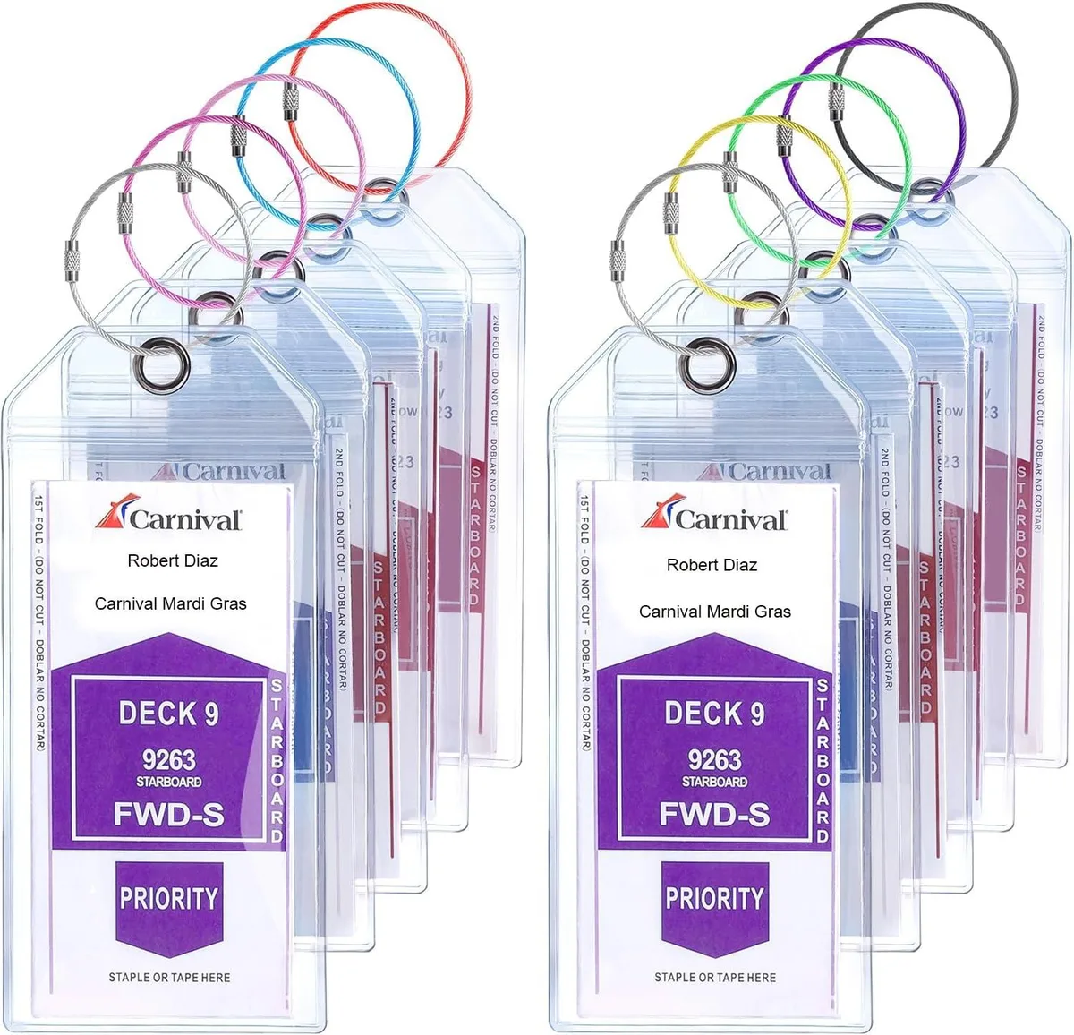 Clear waterproof luggage tag holders with zip seal and steel cable loops, pack of 10