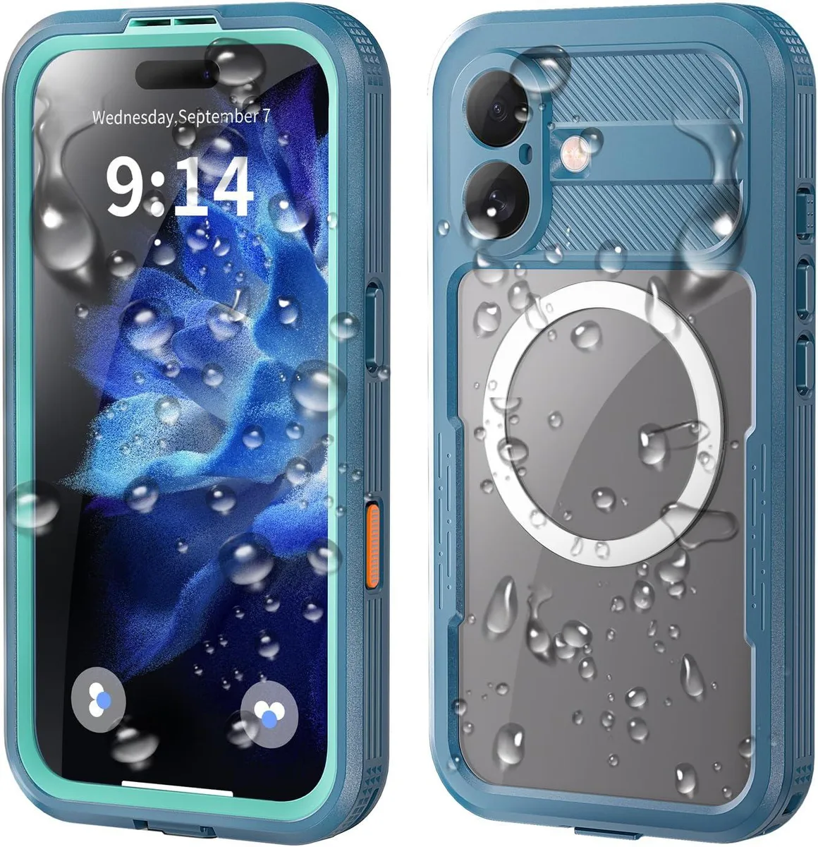 Blue full-body waterproof case for iPhone 16 Plus with built-in screen protector