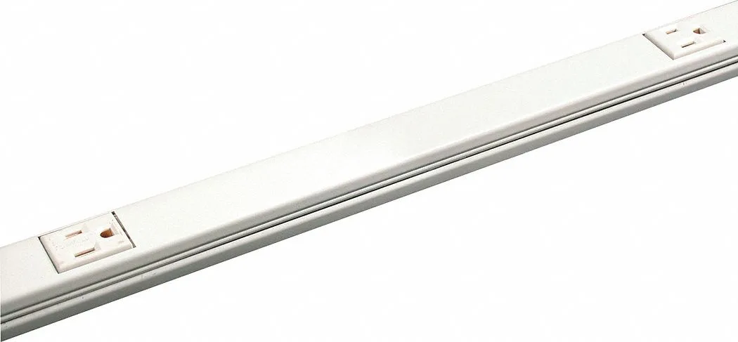 Ivory steel prewired raceway with six NEMA 5-15R outlets spaced 12 inches apart