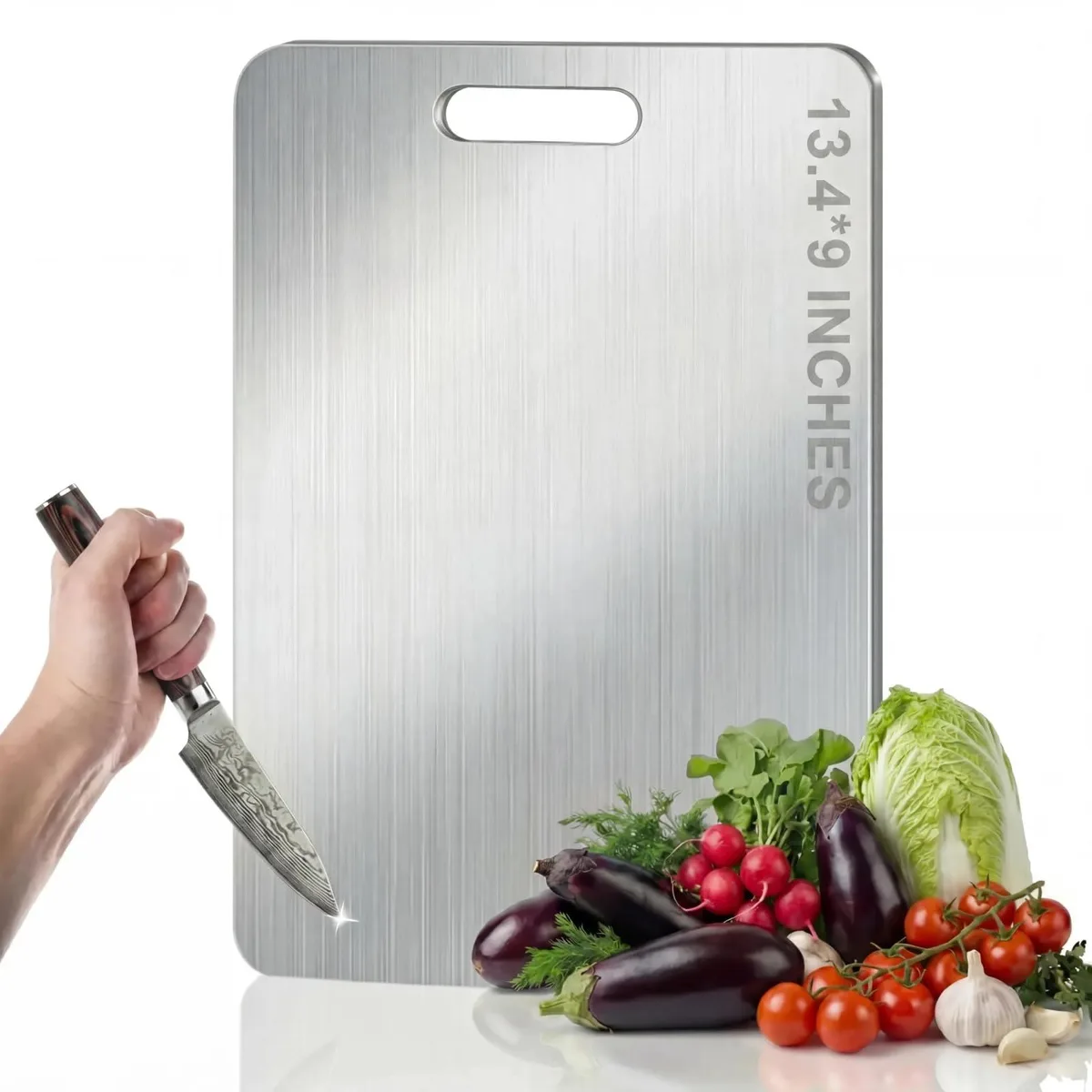 Rectangular pure titanium cutting board, 13.4 by 9 inches, half-inch thick, matte metallic finish