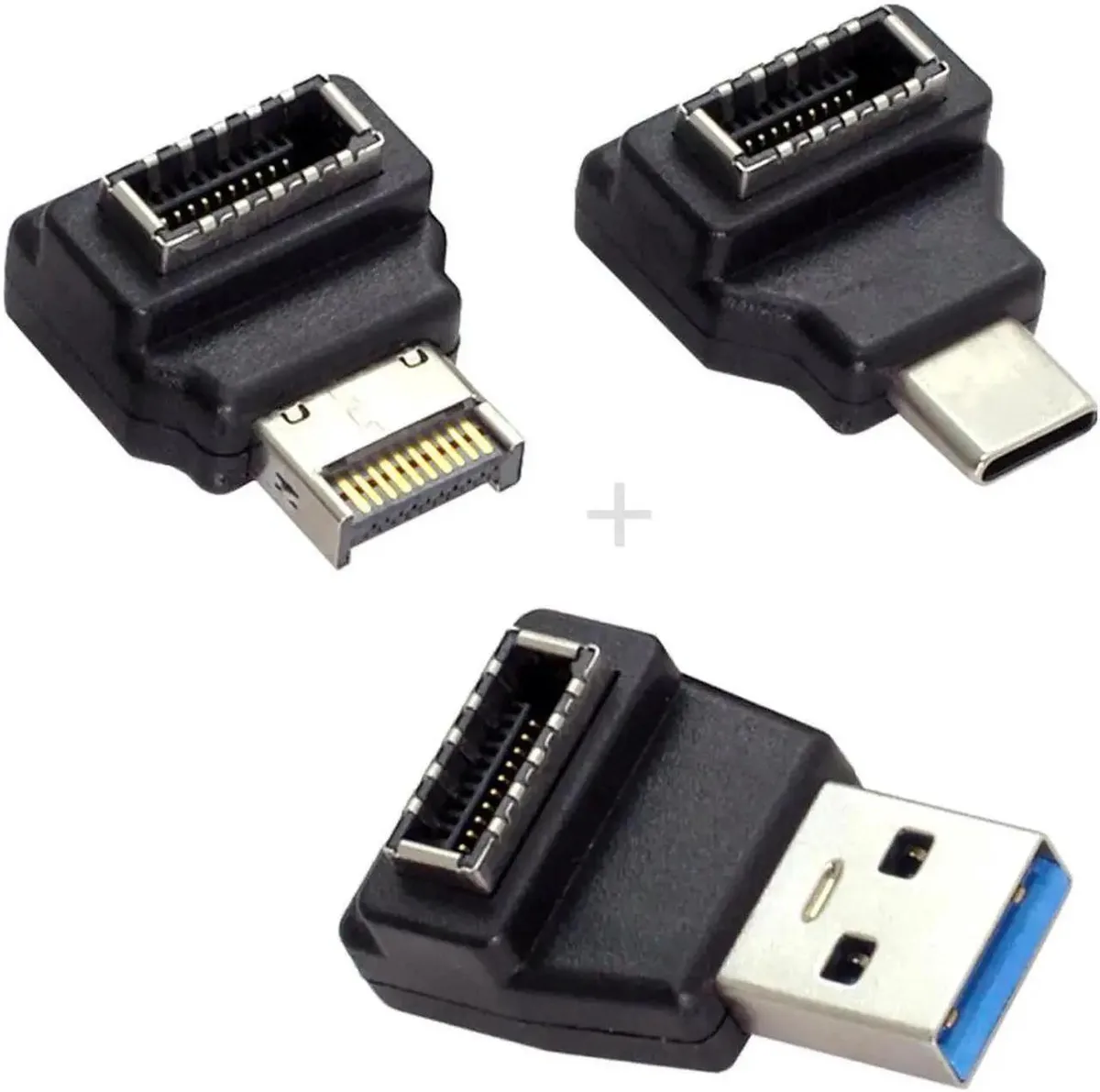 Three small right-angled USB header adapters with gold pins, converting Type-E to USB-A, USB-C and Type-E male connectors