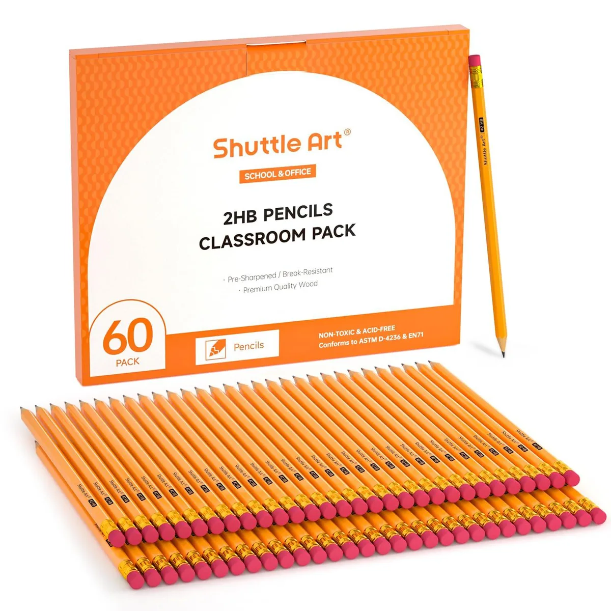 Yellow hexagonal pencils with pink erasers in a cardboard box
