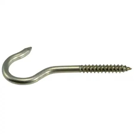 Five stainless steel screw hooks with threaded shafts and open curved ends