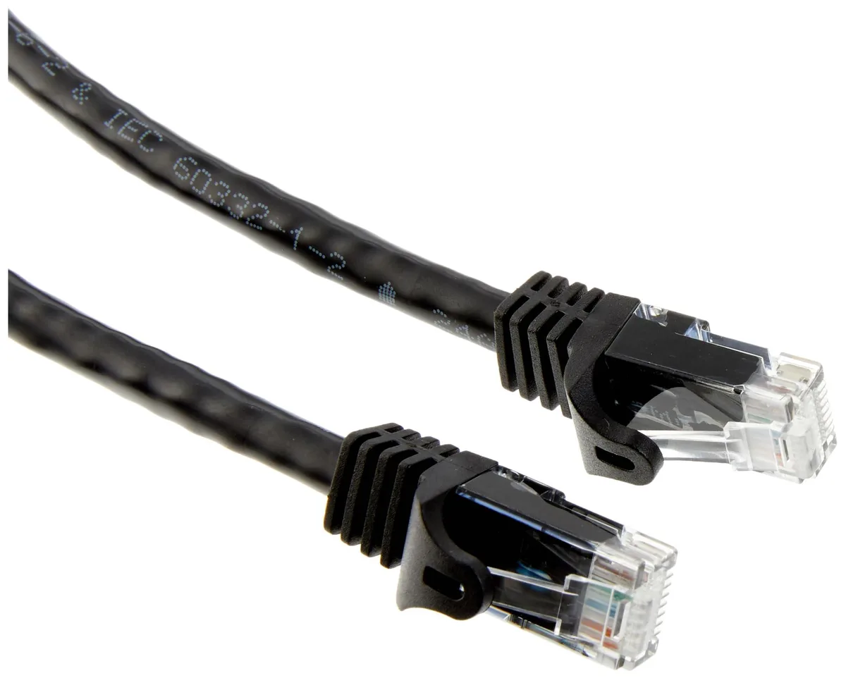 Twelve black Cat6 patch cables with narrow snagless boots, one foot each
