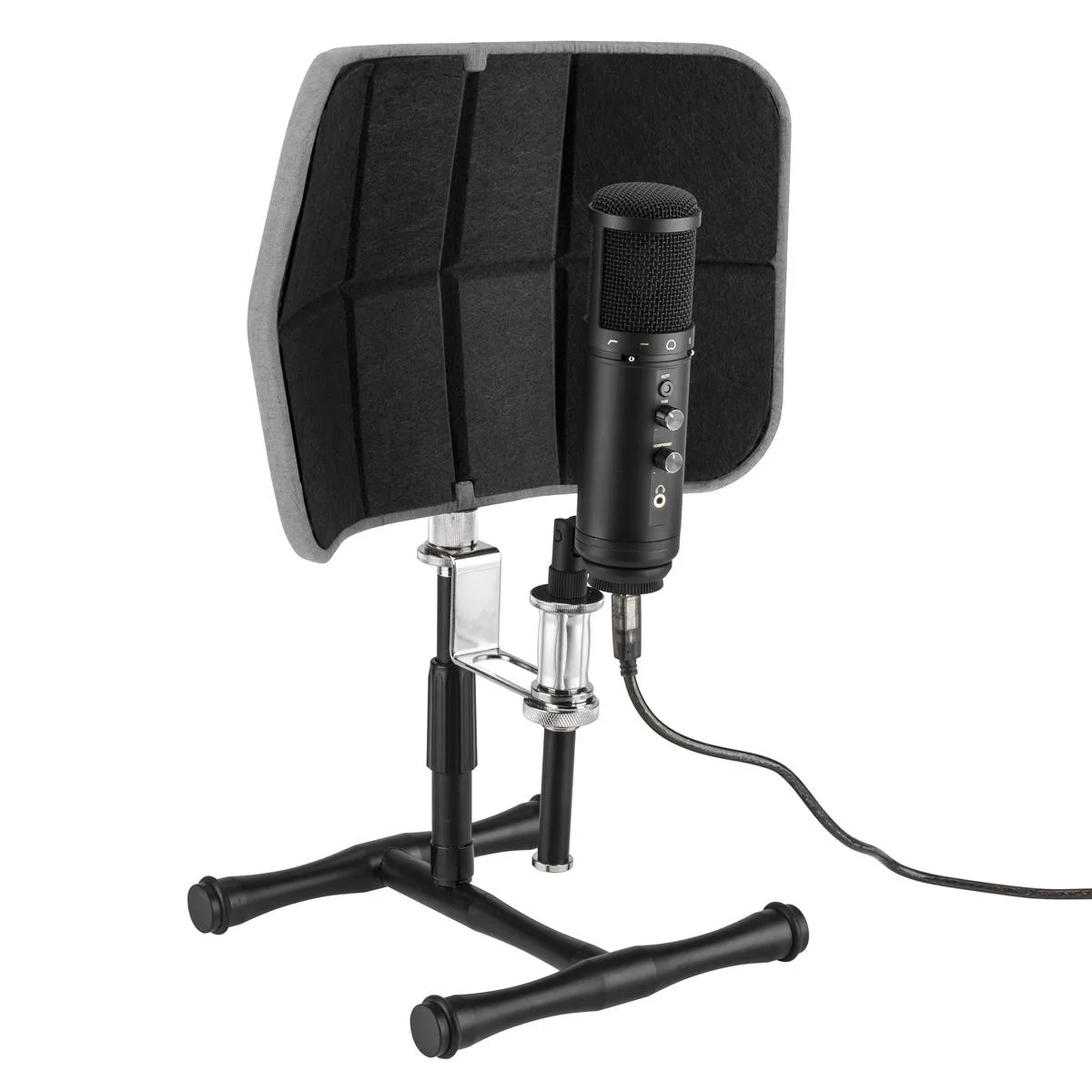 Gray desktop microphone isolation filter with curved acoustic panels and adjustable mounting hardware