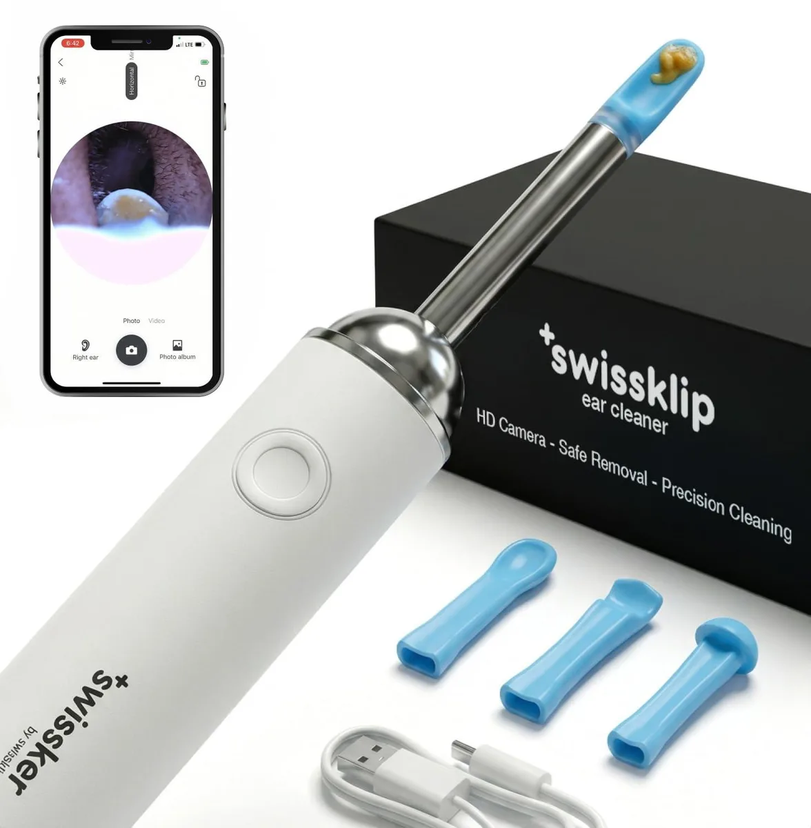 White ear wax removal kit with HD camera and LED light, 1.905 in x 6.5024 in x 17.0942 in