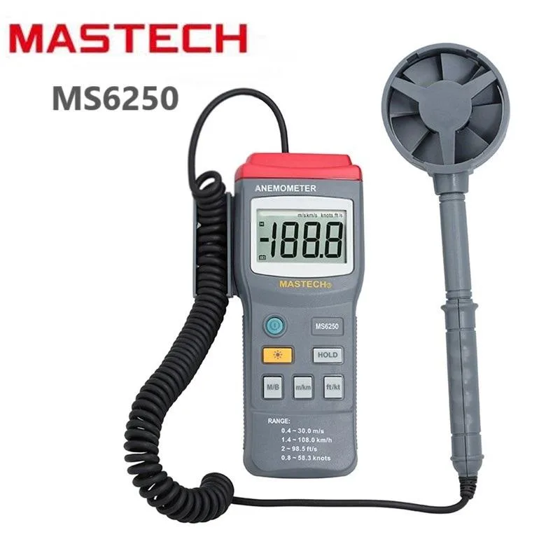 Handheld digital anemometer with large backlit LCD display and separate fan probe