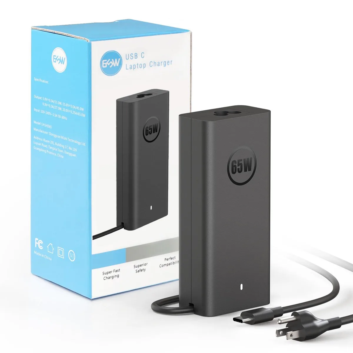 Slim black USB-C laptop charger with LED indicator and long cable