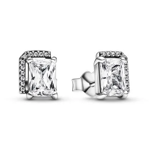 Pair of sterling silver rectangular halo stud earrings with radiant-cut cubic zirconia and half-circle pavé setting