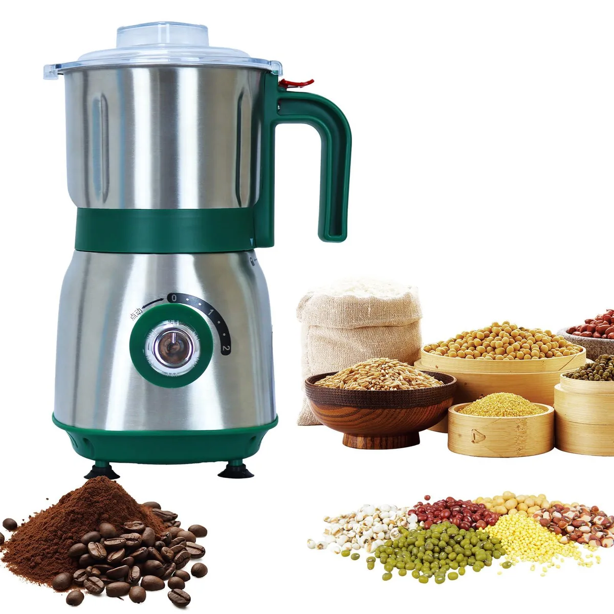 Green electric spice grinder with stainless steel blades and 600ml capacity