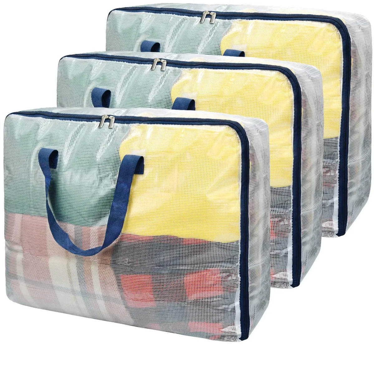 Three clear rectangular storage bags with zippers and handles, folded flat
