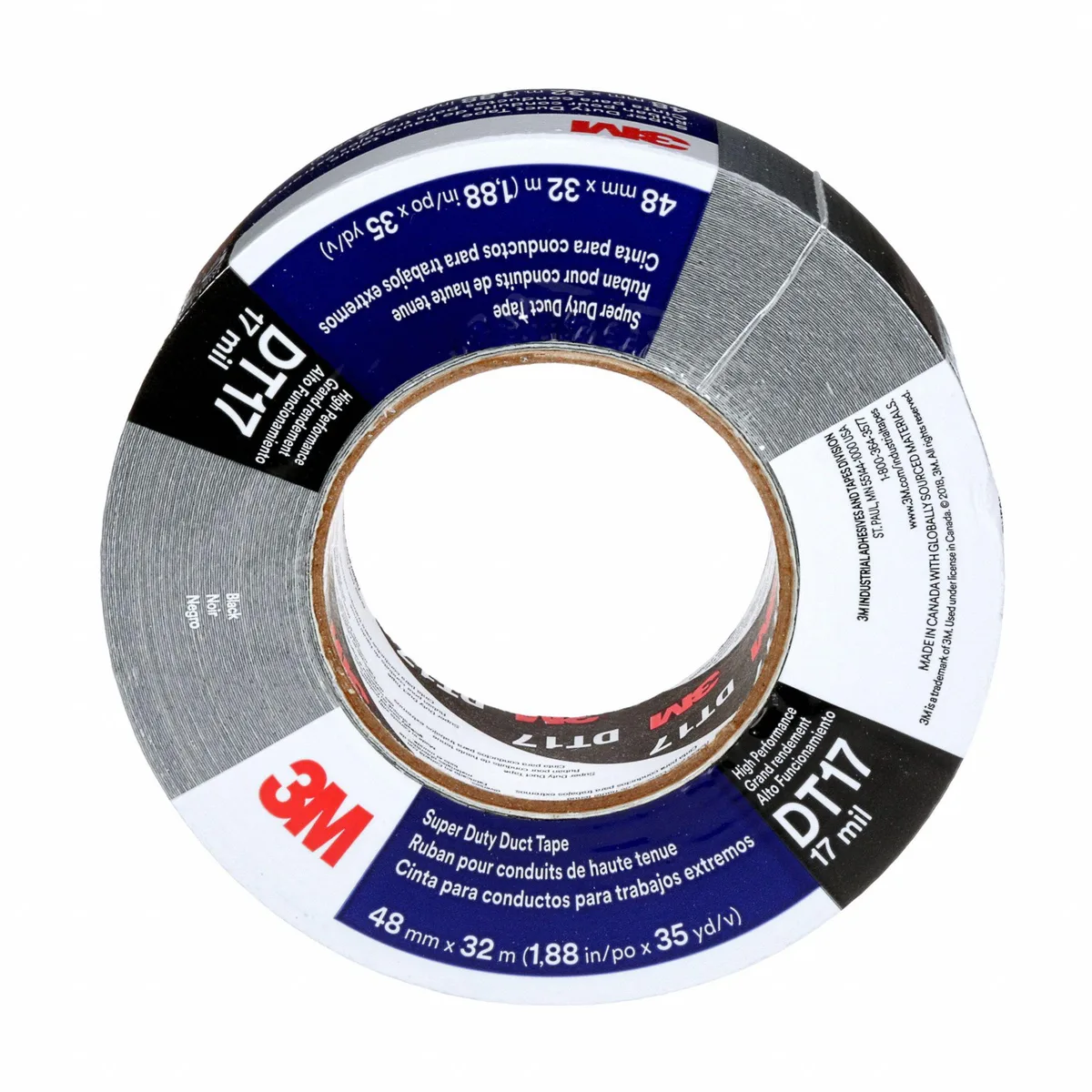 Black 3M duct tape roll, 48 mm wide, 32 m length, polyethylene coated cloth backing, matte finish