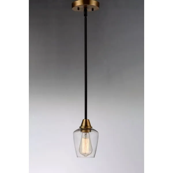 Single bronze and antique brass pendant with clear goblet glass shade, 4.75 inches wide