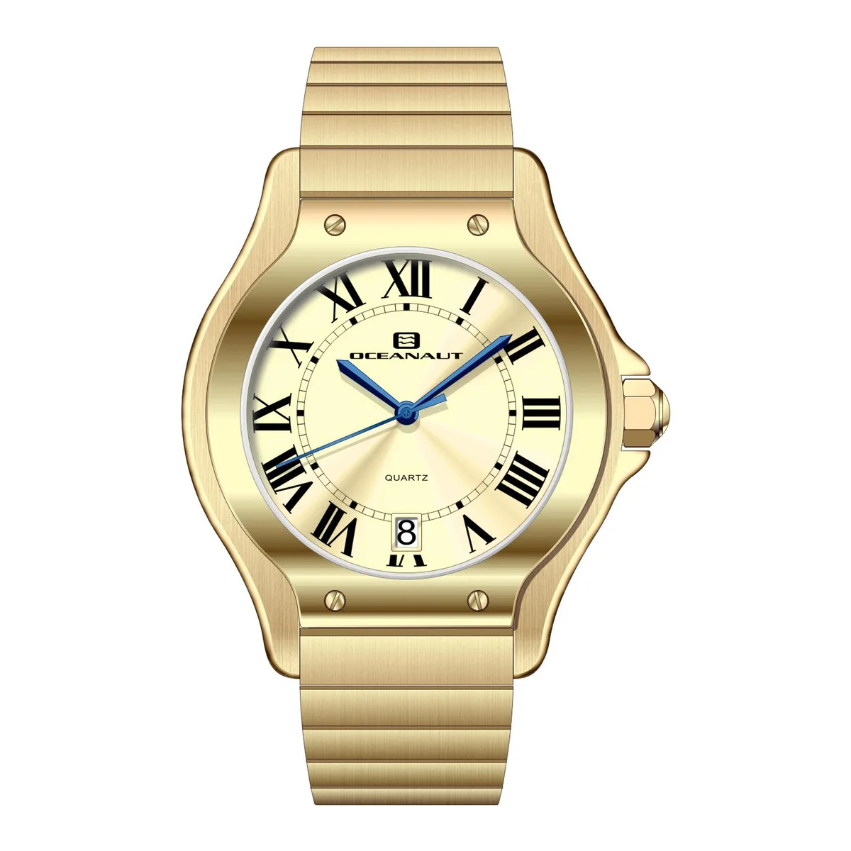 Gold dial stainless steel watch with matching bracelet, quartz movement, water resistant to 50 metres