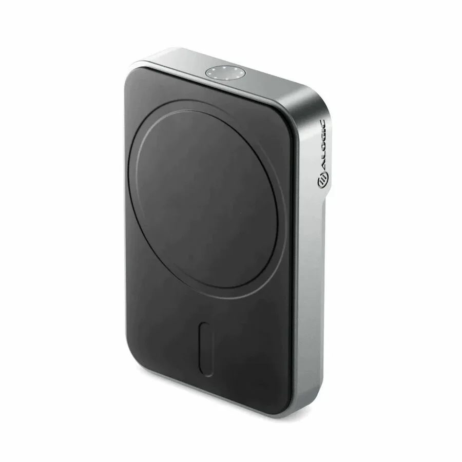 Black rectangular wireless power bank with magnetic snap-on surface and USB-C port