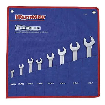 Eight satin-finish alloy steel open-end wrenches in a vinyl pouch, 15 degree offset