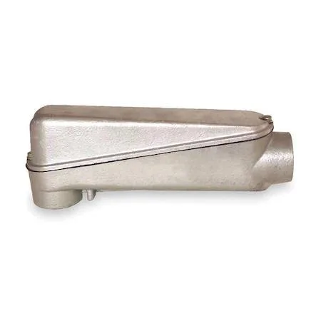 Gray powder-coated aluminum LB conduit outlet body with threaded hubs and flat back