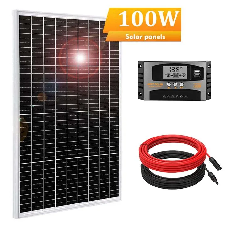 Blue rectangular solar panel with silver aluminium frame and MC4 connectors, plus a compact charge controller unit