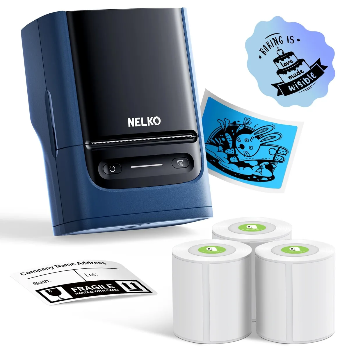 Compact Deep Blue thermal label printer with included tape roll