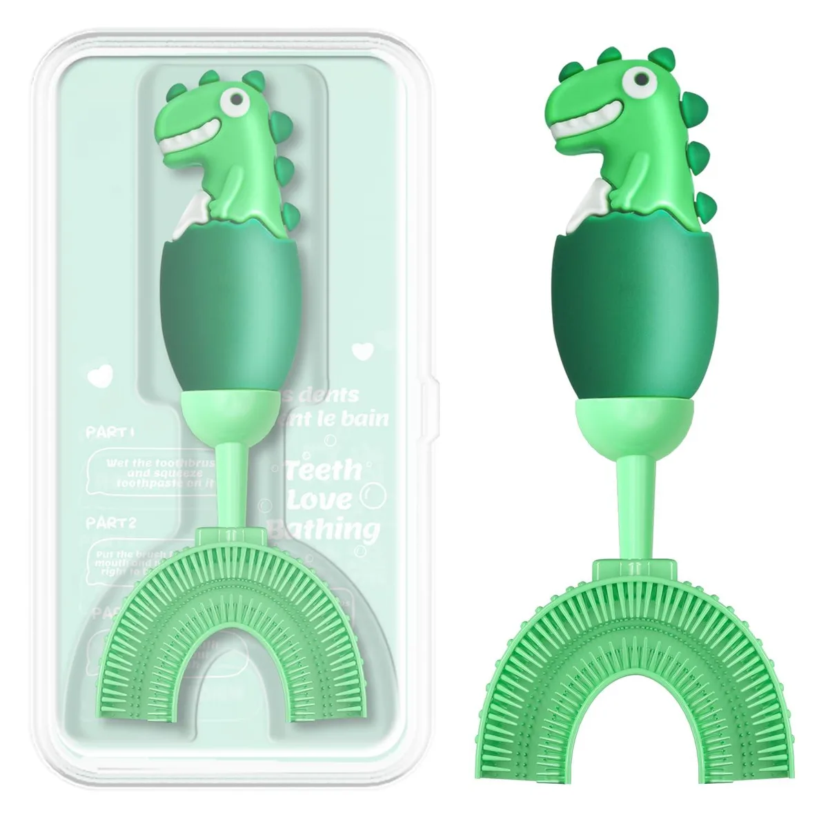Green U-shaped manual toothbrush with soft silicone bristles and rubber handle