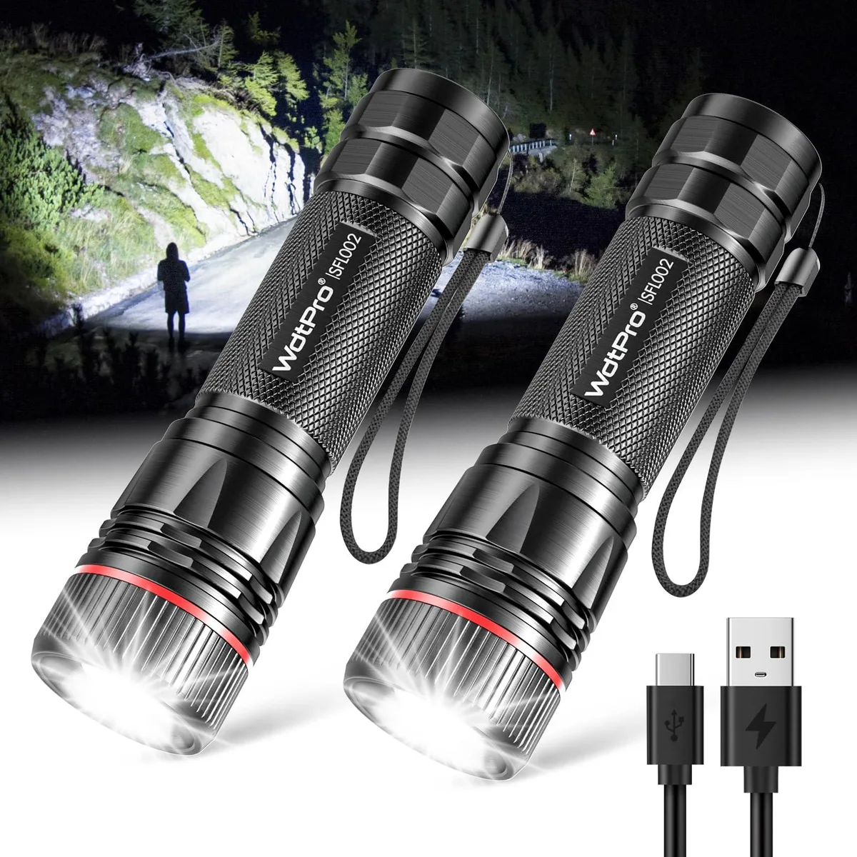 Two black aluminium mini flashlights with non-slip grips and Type-C ports