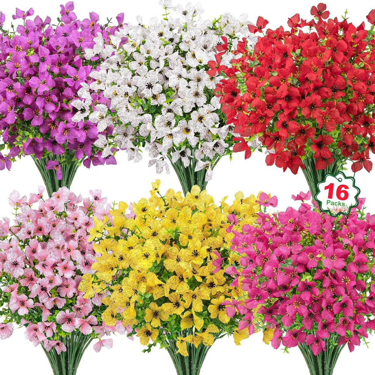 Sixteen assorted polyester flowers in a box, stems wired for shaping