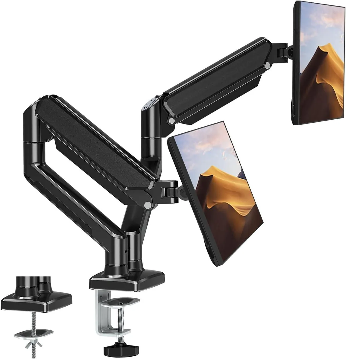 PISKEKAT PISKEKAT ErgoFocus Dual Monitor Mount 13-32in 19.8lbs Gas Spring VESA 75/100 C-Clamp Grommet — product photo