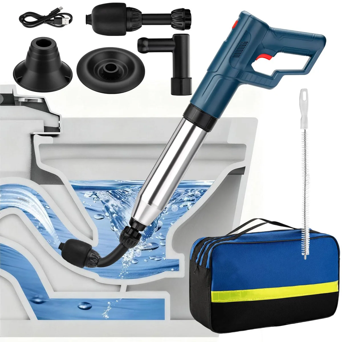Blue electric toilet plunger with flexible head and anti-splash design