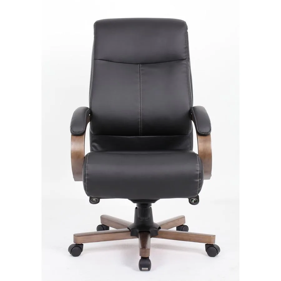 Black leather high-back executive chair with wood base