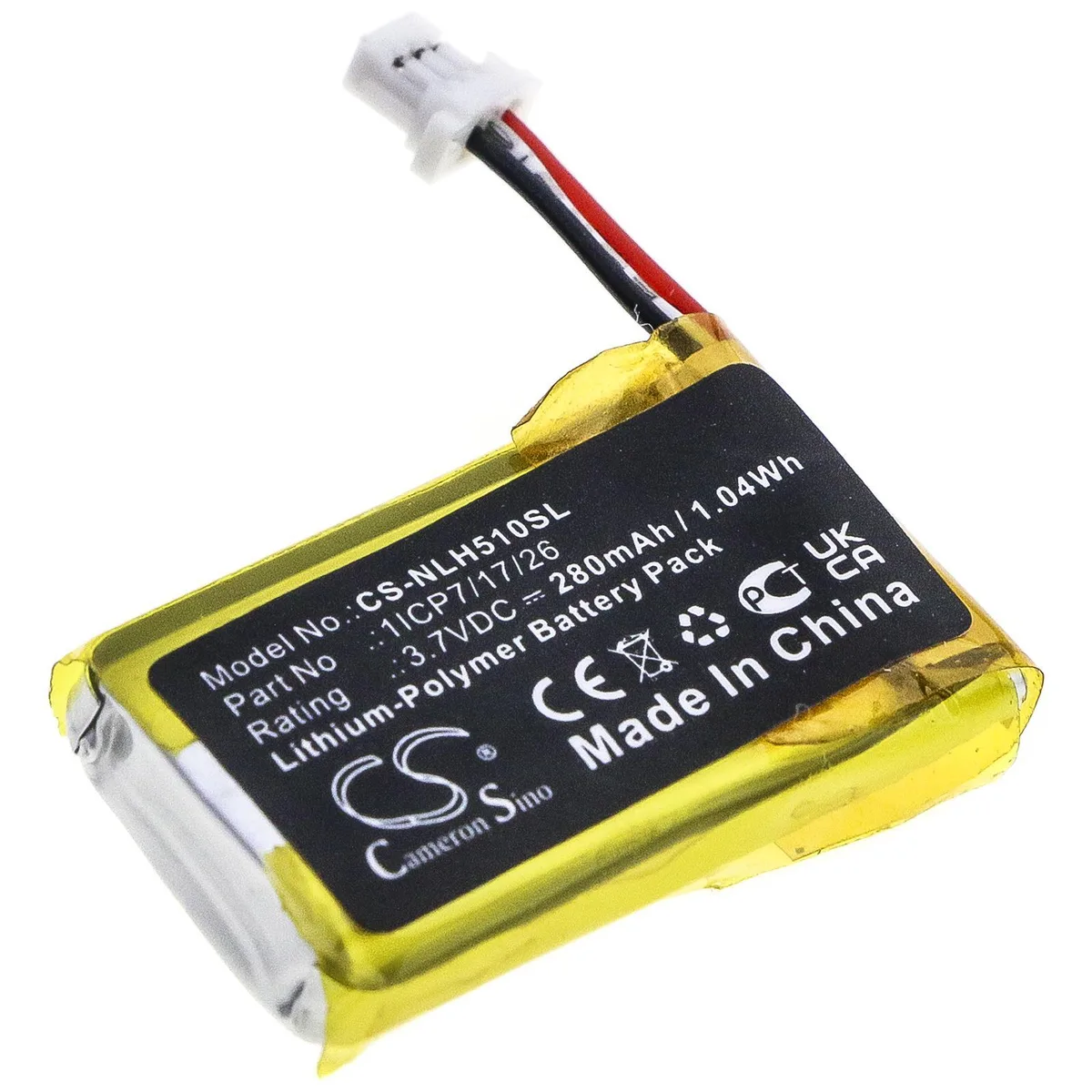Small rectangular replacement battery with wire leads, matte finish