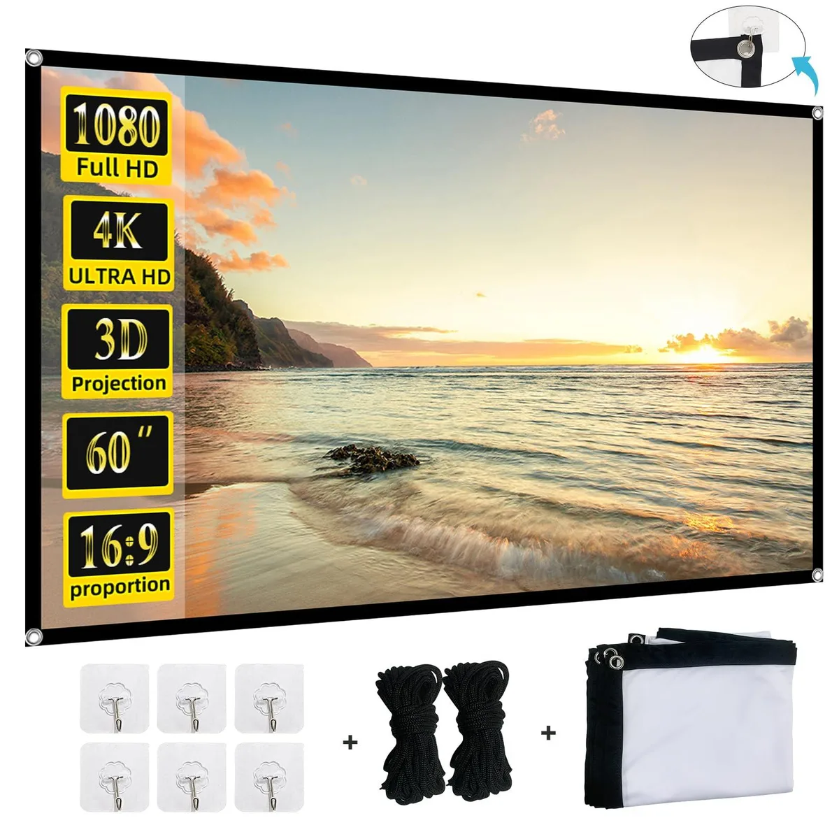 White rectangular foldable polyester screen 60 inch 16:9 160 degree viewing angle