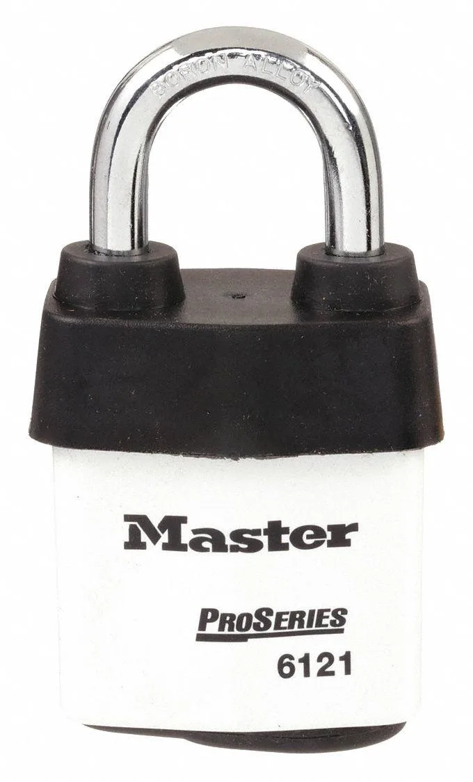 White steel lockout padlock with boron alloy shackle and laminated body coating