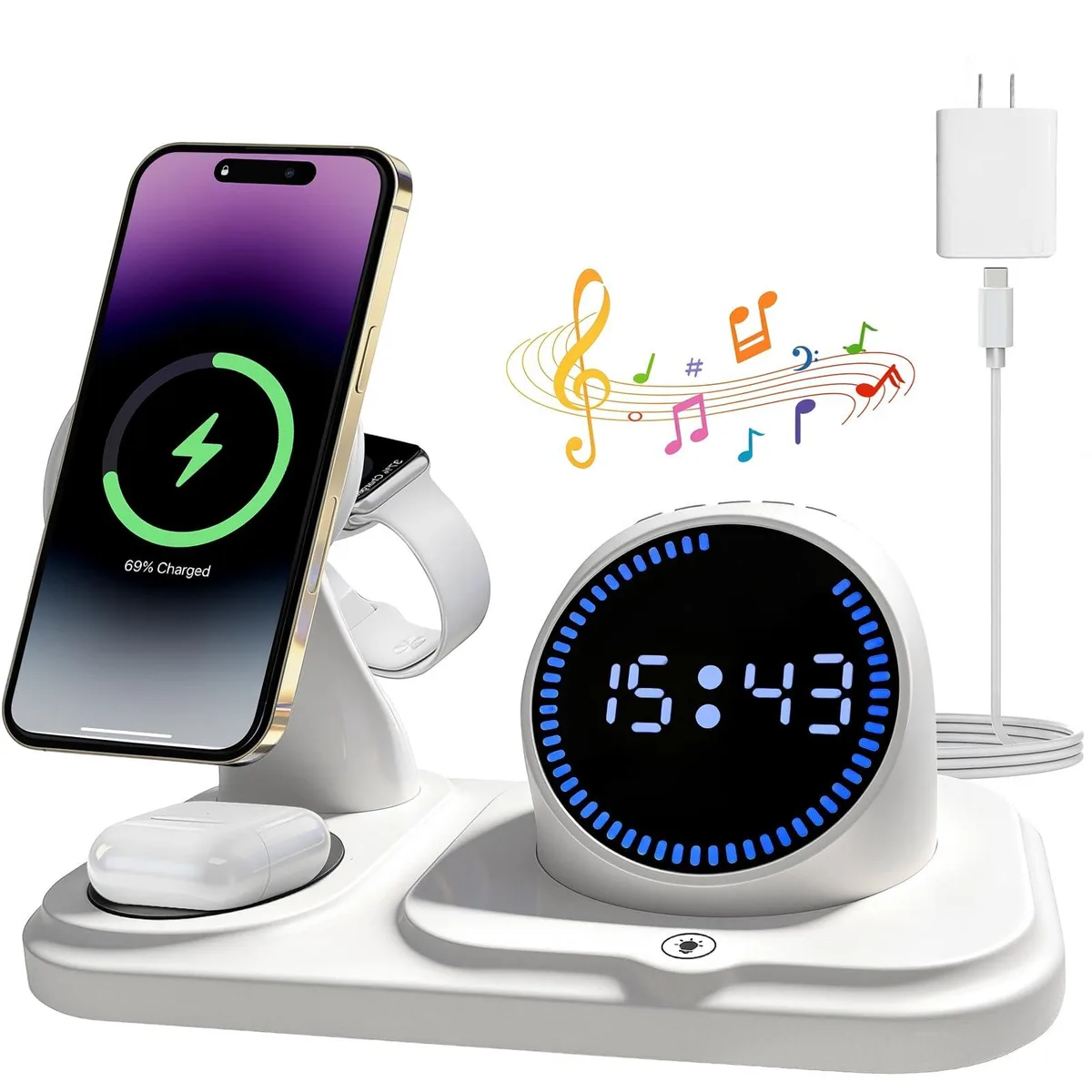 Compact white charging stand with phone pad watch cradle and earbuds tray plus speaker grille clock display and coloured light ring