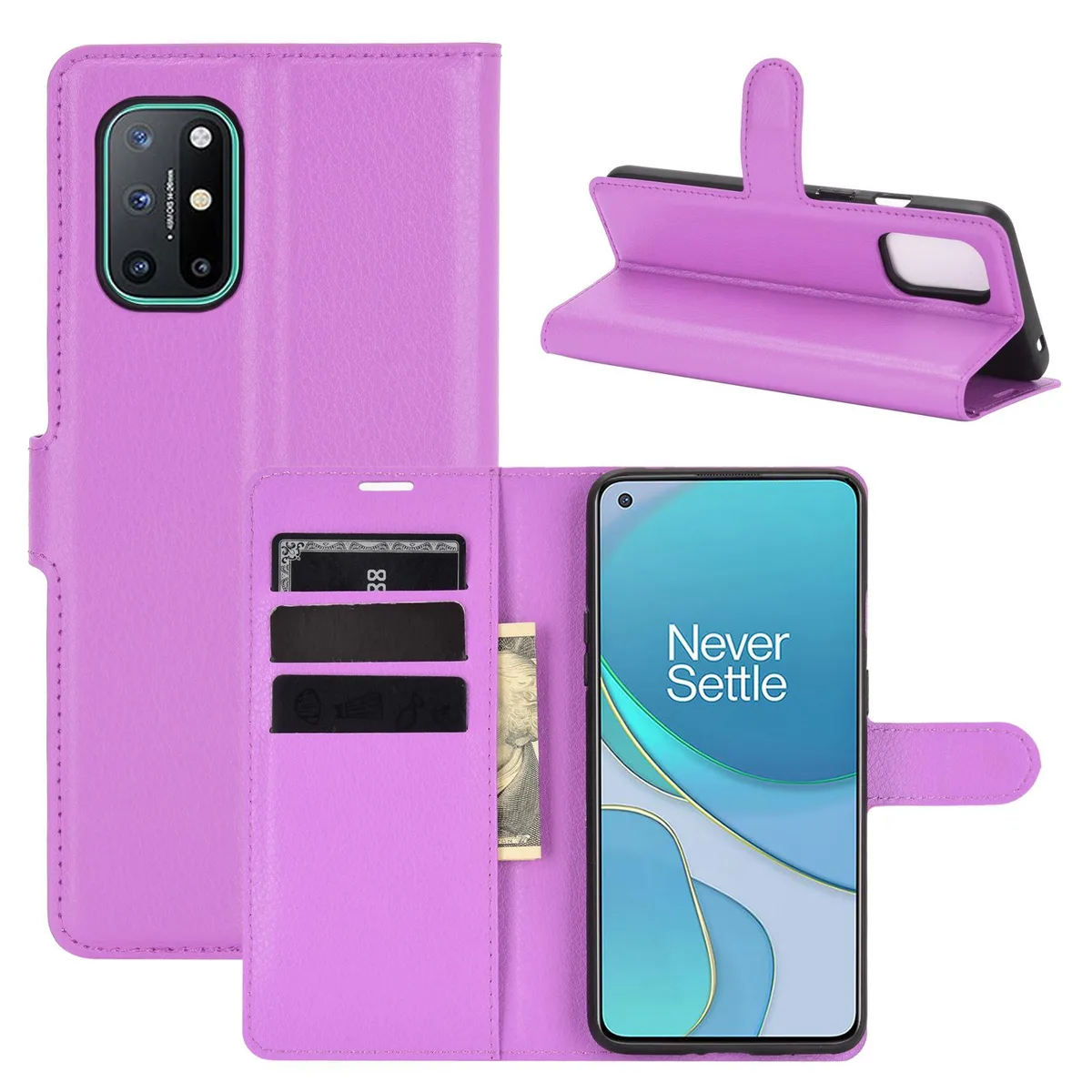 Purple litchi-texture horizontal flip case with card slots and kickstand