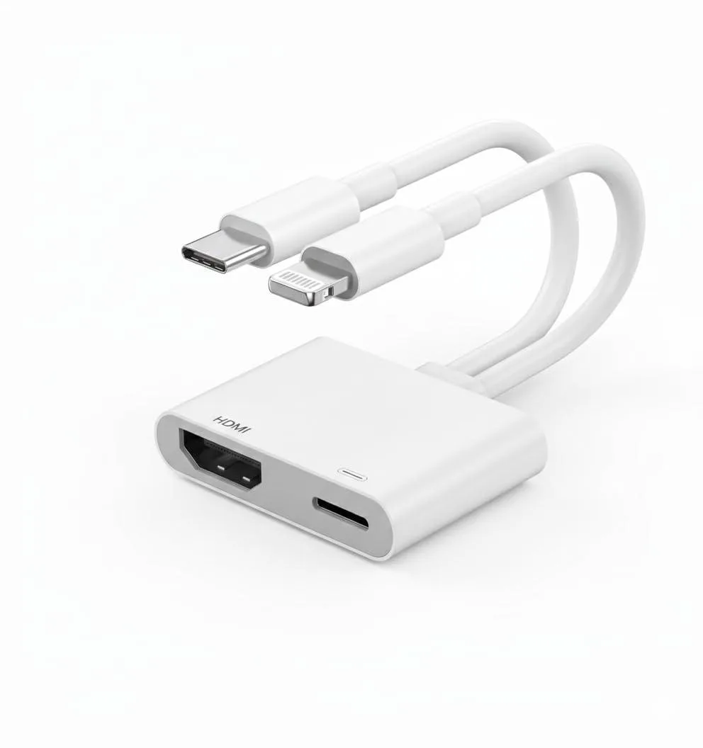 Black 2-in-1 adapter with Lightning and USB-C plugs, HDMI port and USB-C power input