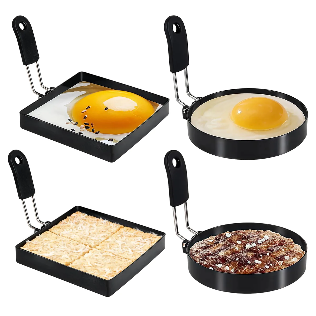 Four black stainless steel egg rings, two round and two square, with silicone handles