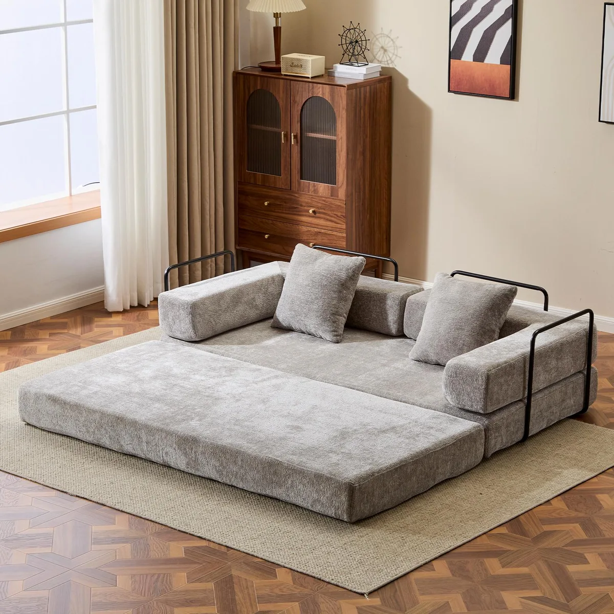 Light grey chenille convertible floor sofa bed with pillow armrests