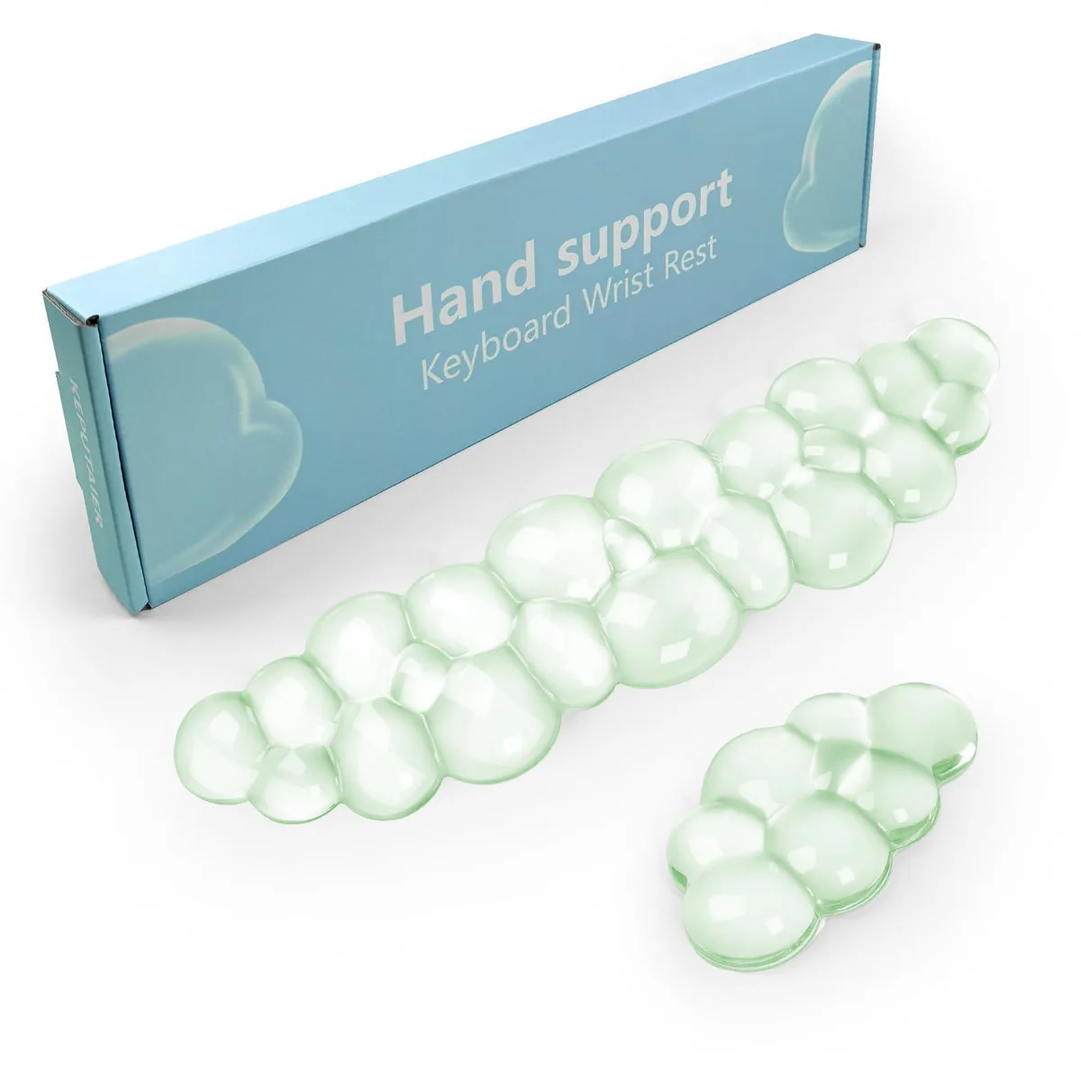 Green gel cloud wrist rest set with keyboard and mouse pads, soft cushioned surface, rubber base