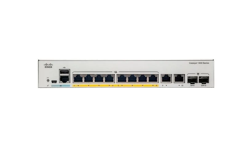 Silver rack-mountable network switch with eight front ports and two uplink slots
