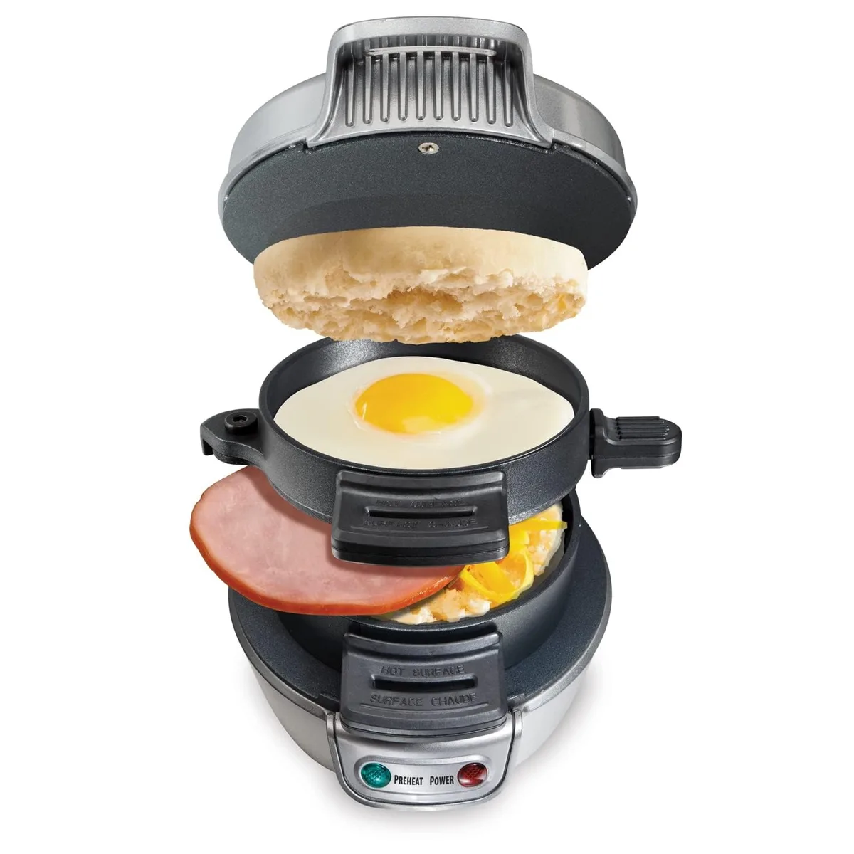 Silver Hamilton Beach breakfast sandwich maker with egg cooker ring, compact plastic housing