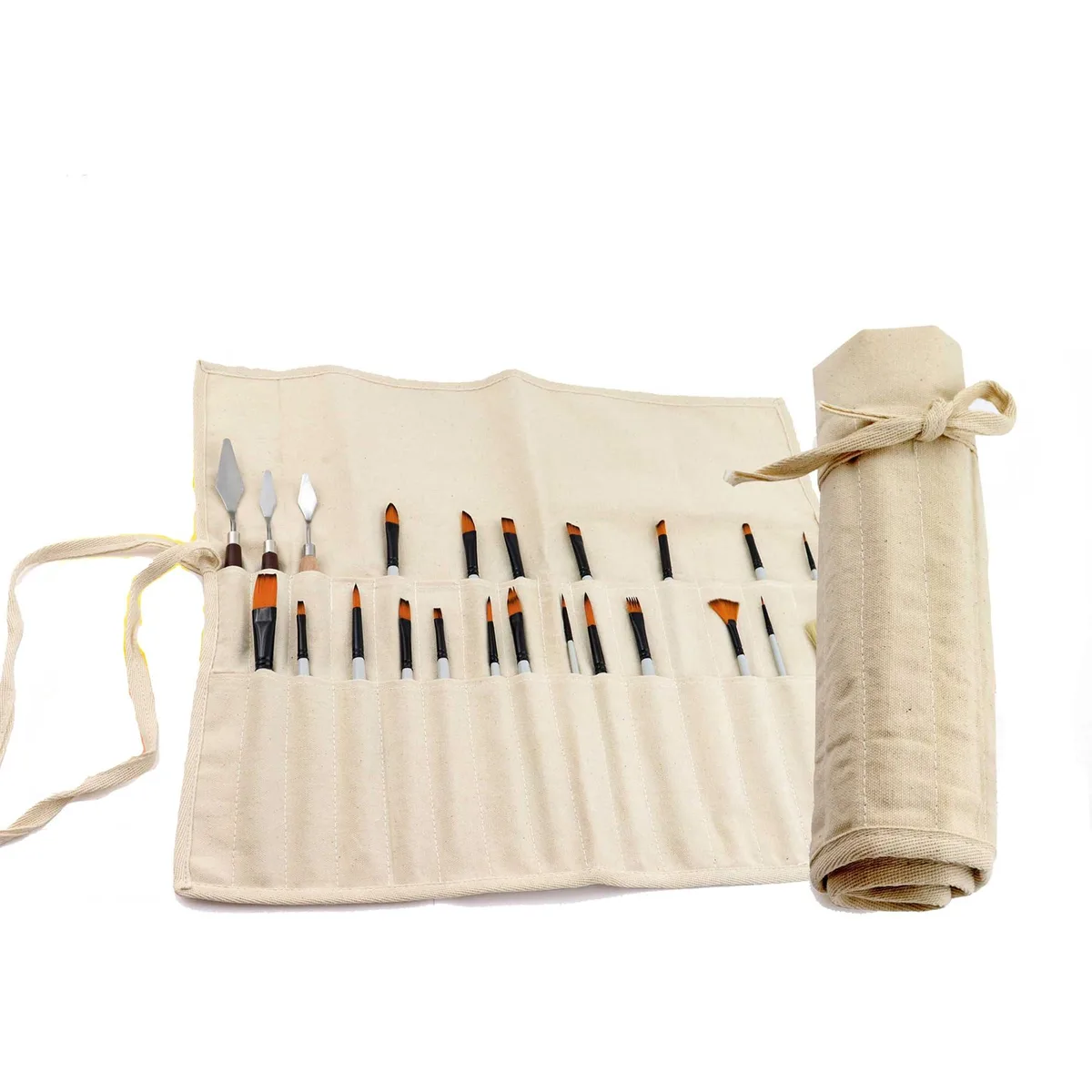 Natural canvas roll-up brush holder with 30 pockets, 21 by 18 inches, tied closed