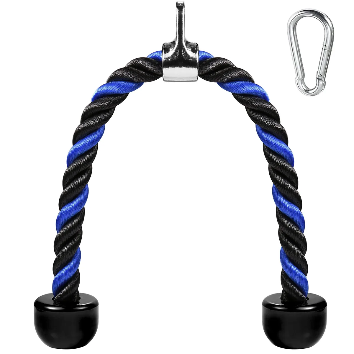 Black braided nylon tricep rope with rubber ends and steel clip, 27 and 36 inch lengths