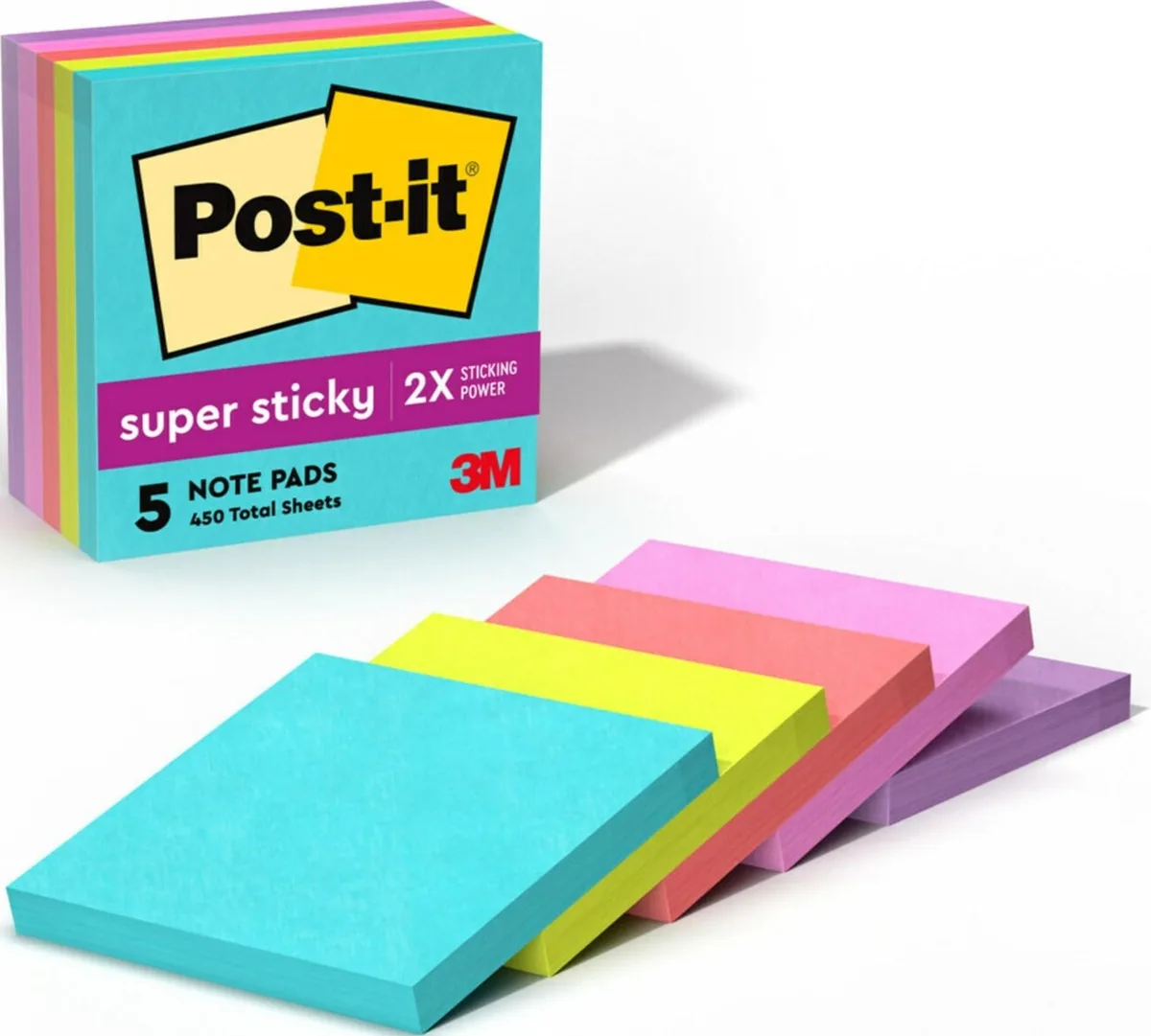 Five square neon sticky note pads in a paperboard carton
