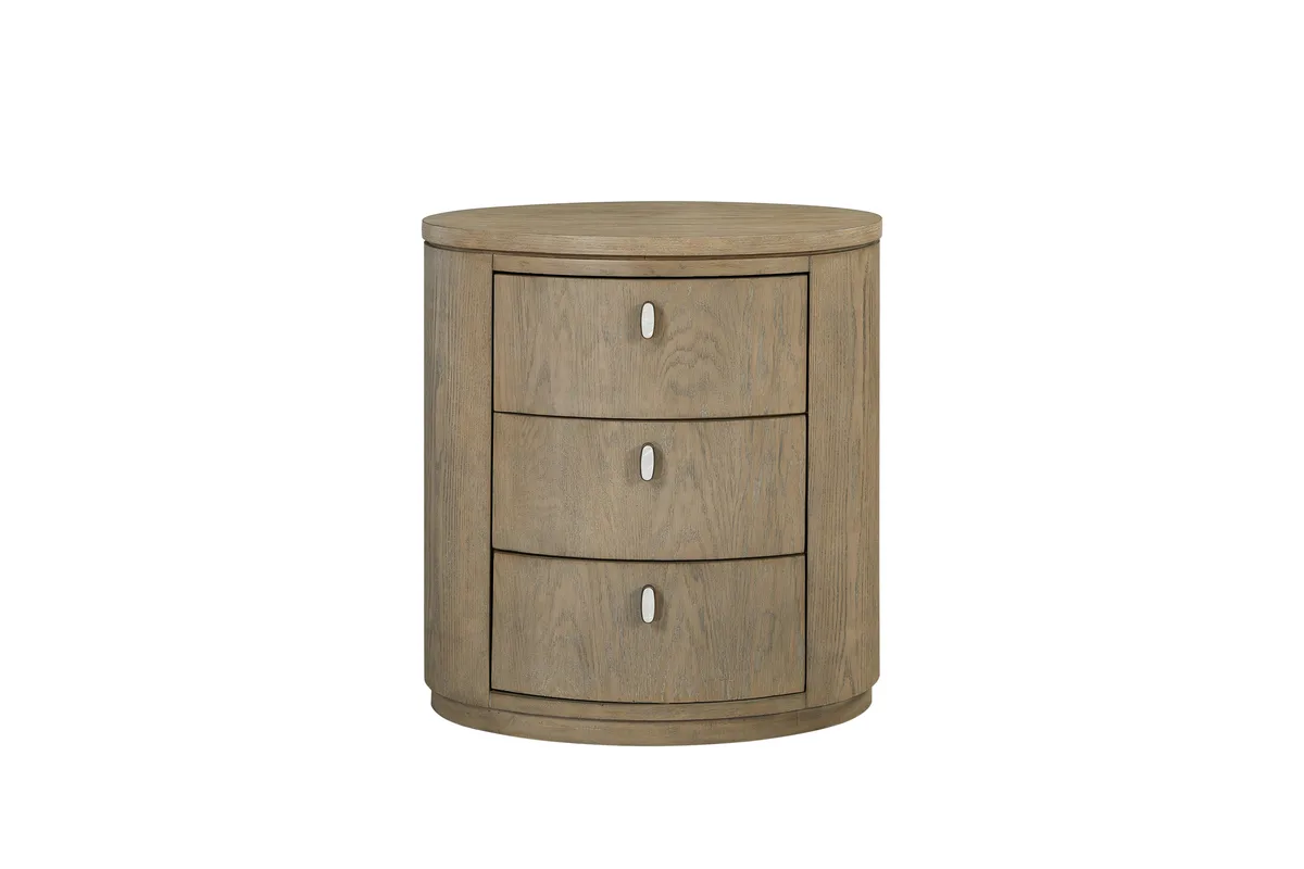 Oval nightstand in beige finish with three drawers and USB port