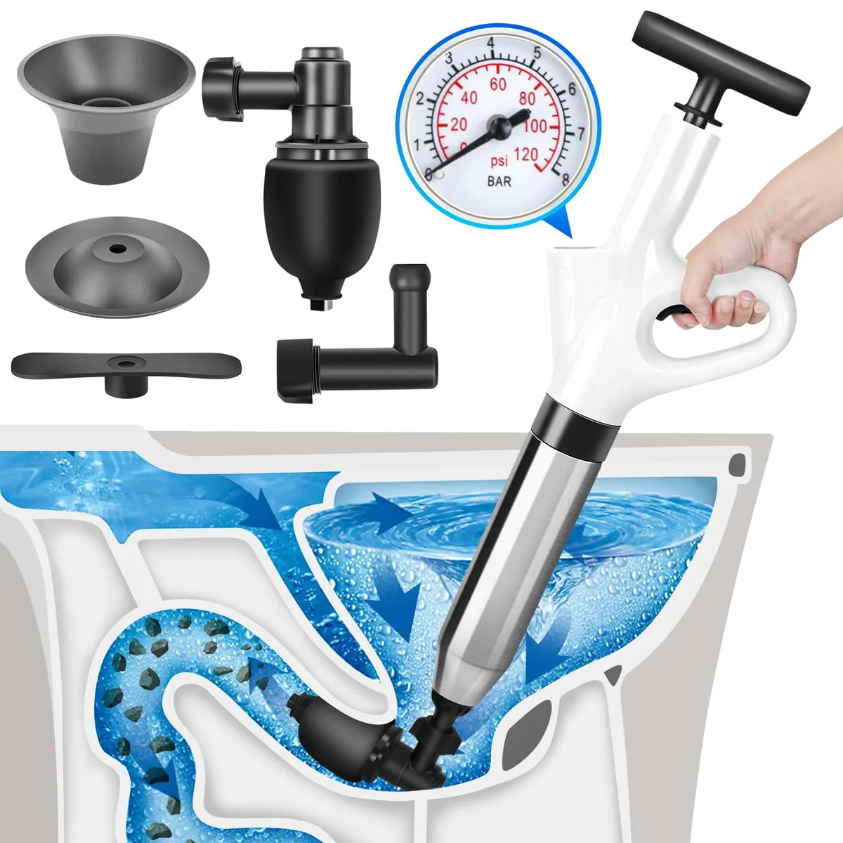 White air drain blaster gun with pressure gauge and stainless steel plungers in 12 pack