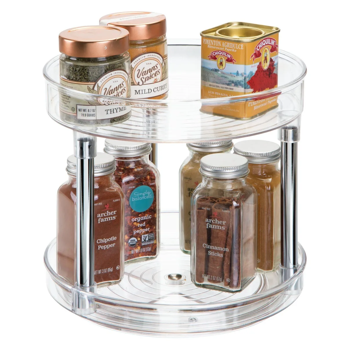 Clear two-tier rotating tray on chrome base