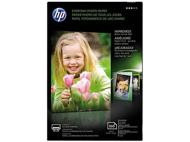 A sealed box of HP glossy photo paper, 100 sheets, 4 by 6 inches
